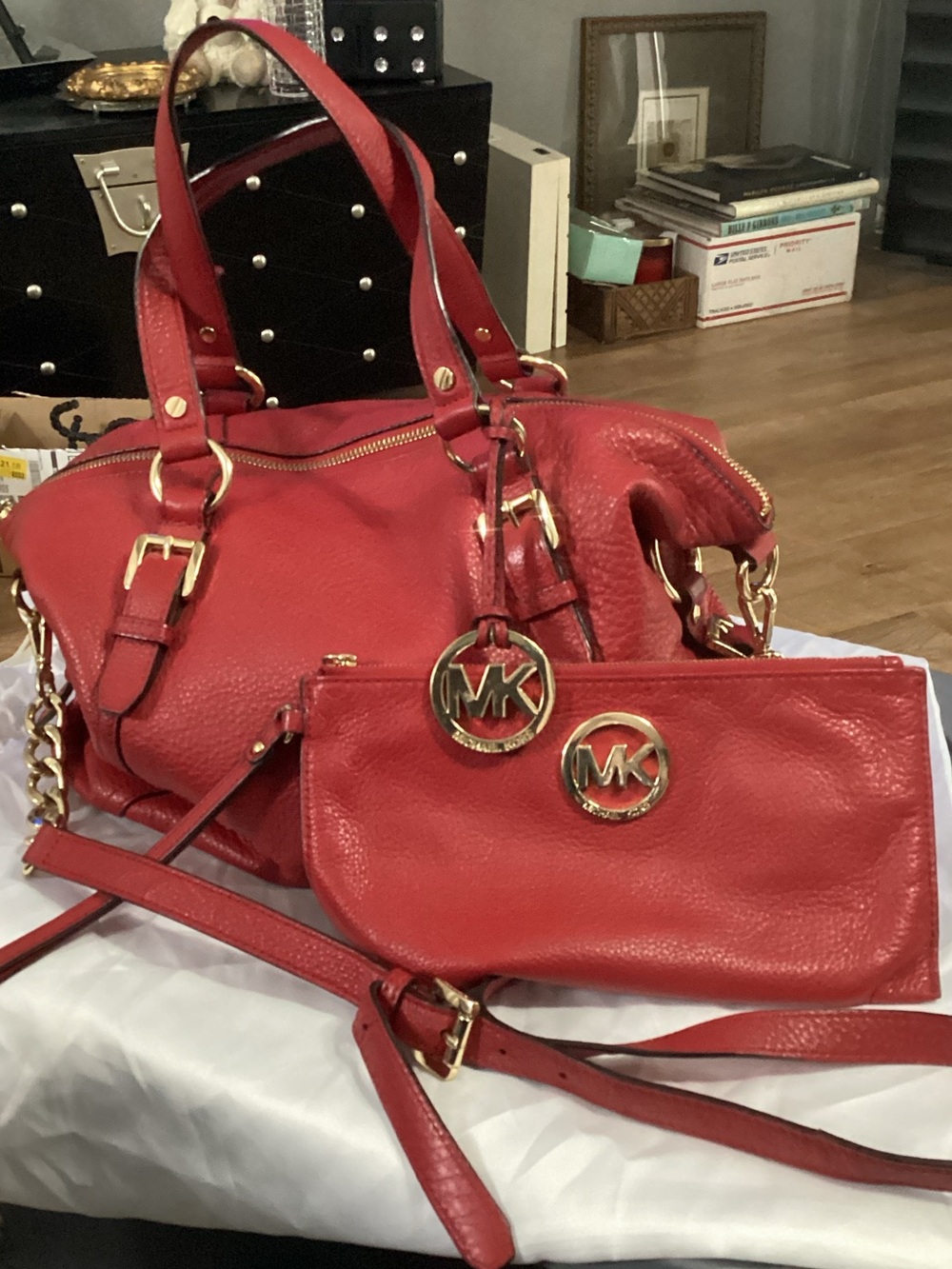 Michael Kors Red Pebbled Leather Shoulder Bag & Wallet/Makeup with Gold Hardware